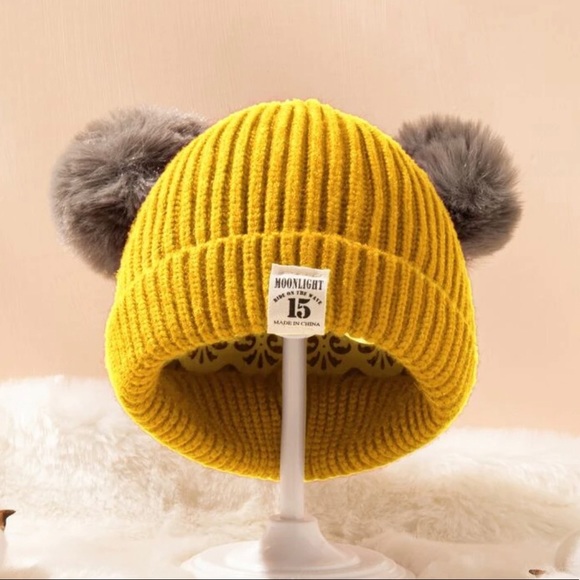 Yellow Toddler Double Pom Pom Beanie - Picture 1 of 4